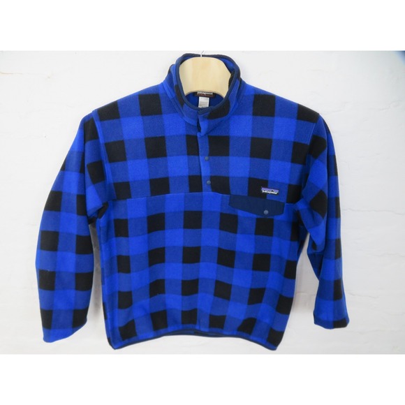 Patagonia Synchilla Pullover Mens Large Blue Black Buffalo Plaid Check Snap-T